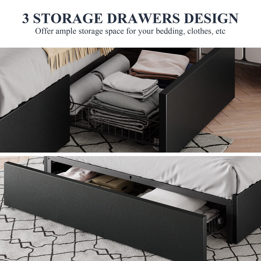 Queen Size Platform Storage Bed Frame with 3 Drawers, Black W670