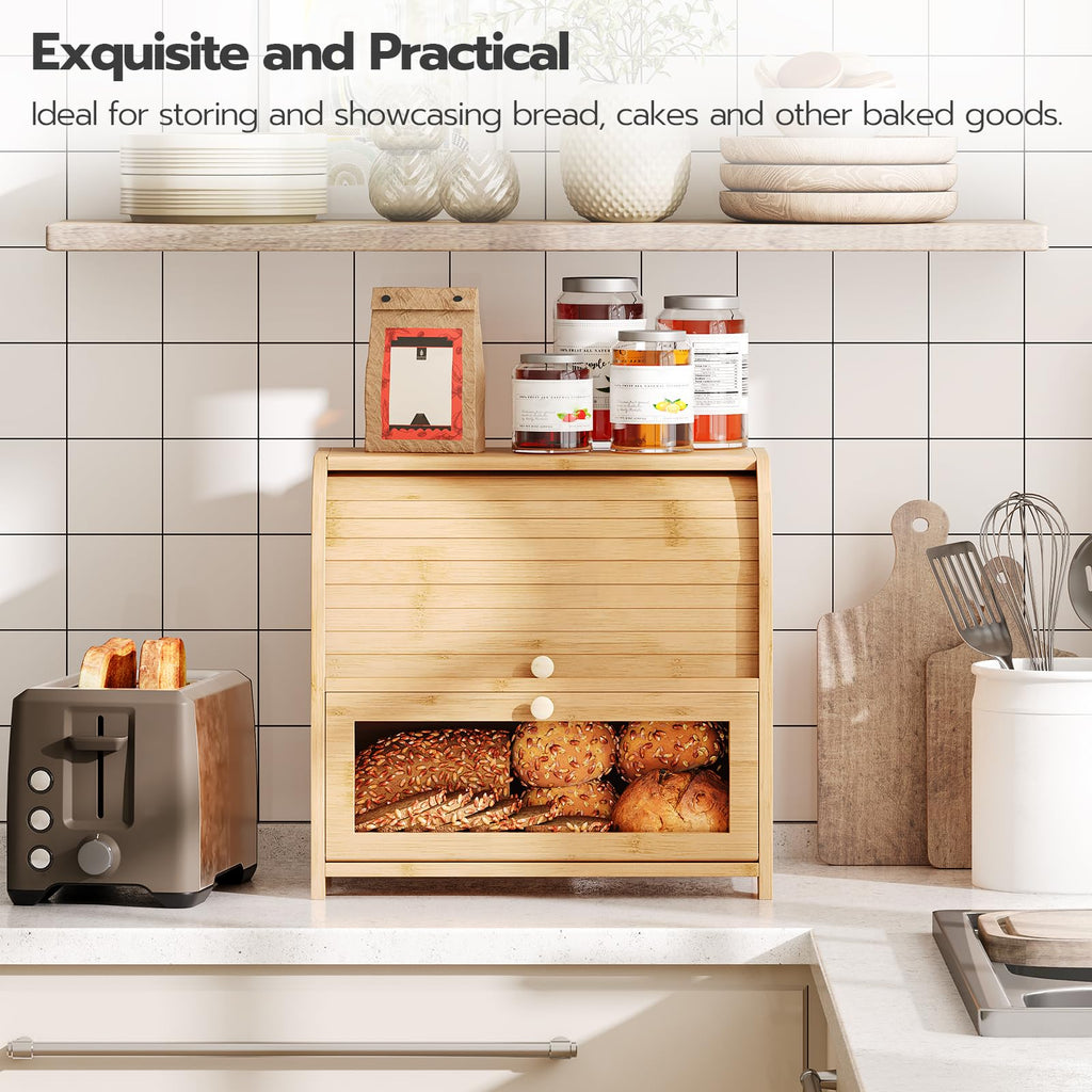 Bamboo 2 Tier Roll-Top Bread Box M3575