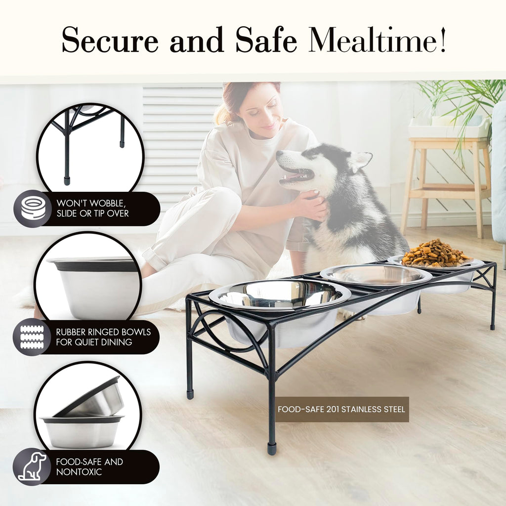 Black Triple Bowl Dog and Cat Feeder Stand with 3-2 Qt Stainless Bowls W471584