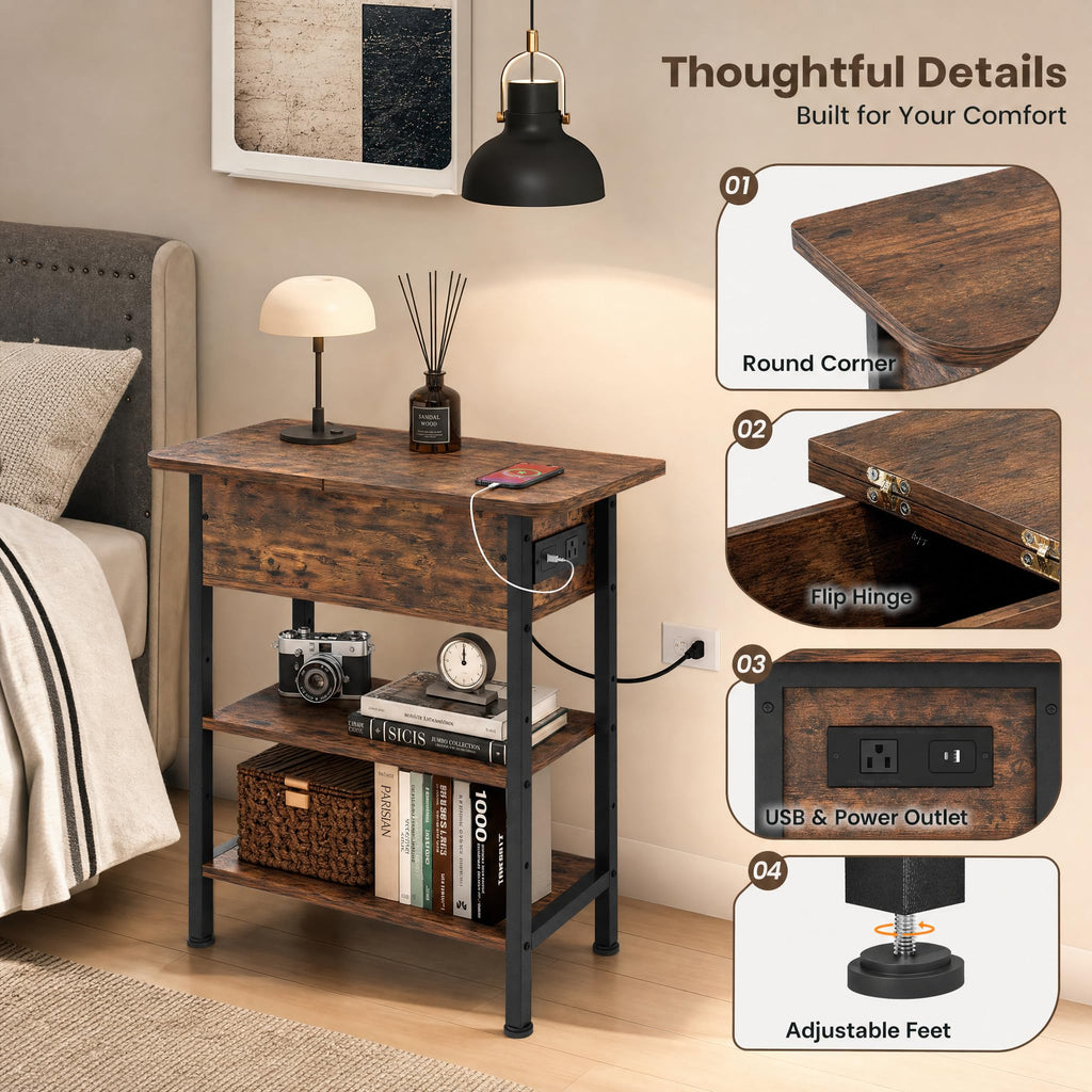Brown Flip Top End Table with Charging Station and 3 Tier Storage G50719