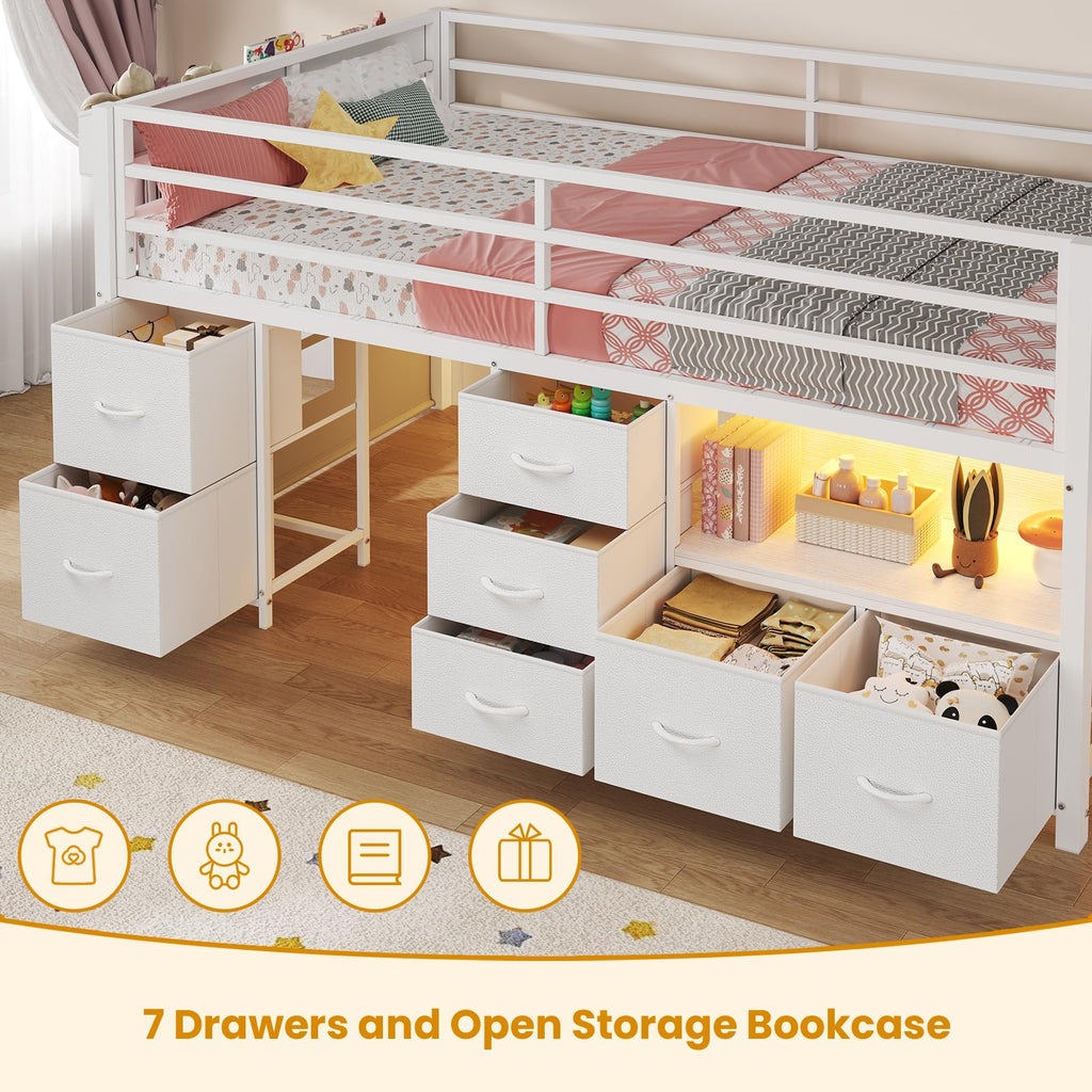 Twin Size Low Loft Bed with 7 Drawers O329717