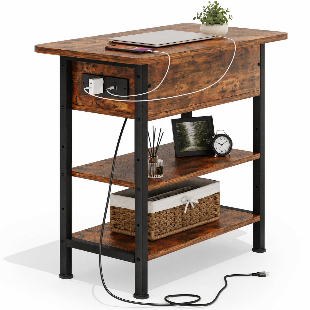 Brown Flip Top End Table with Charging Station and 3 Tier Storage G50719