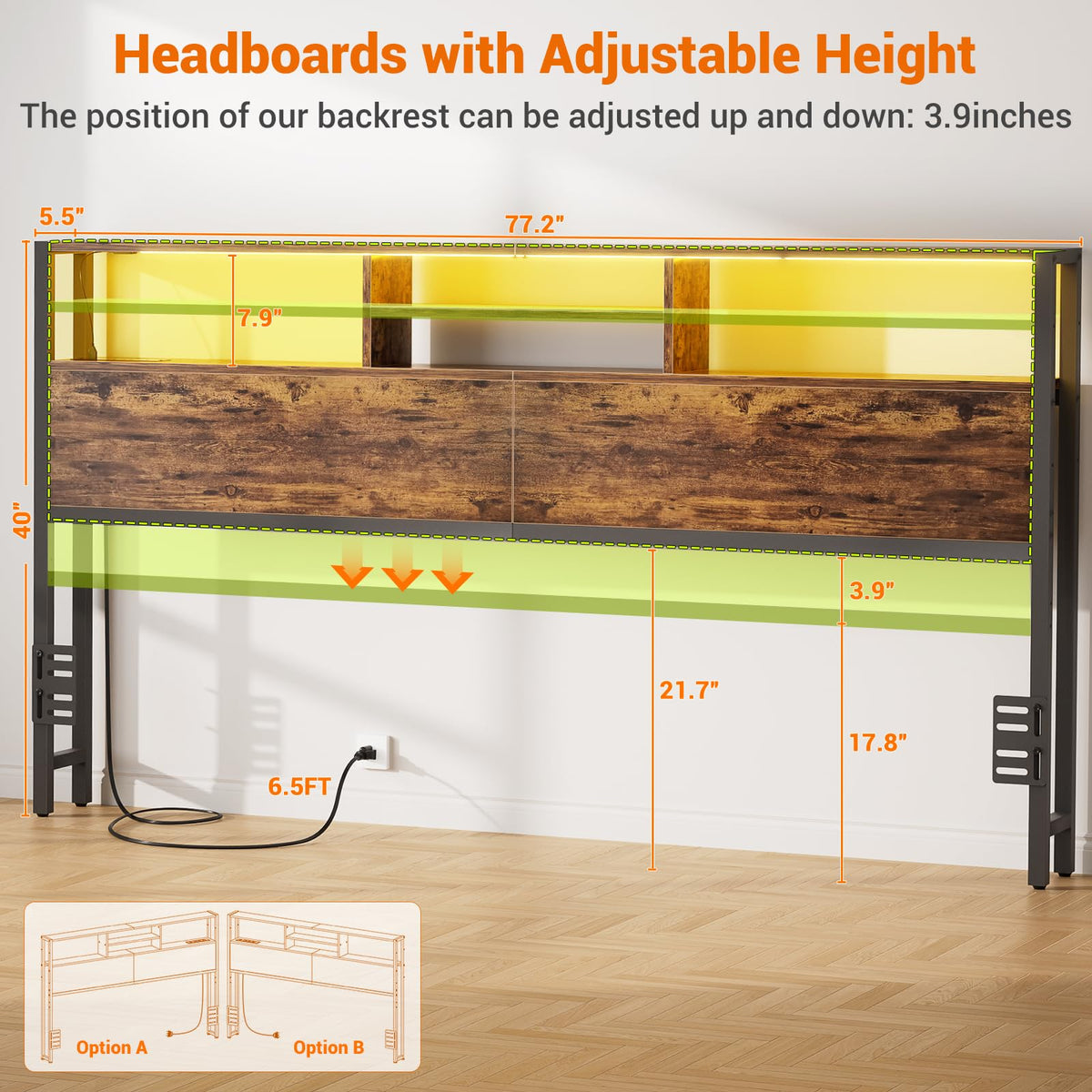King Size Storage Headboard with Outlets Y3075