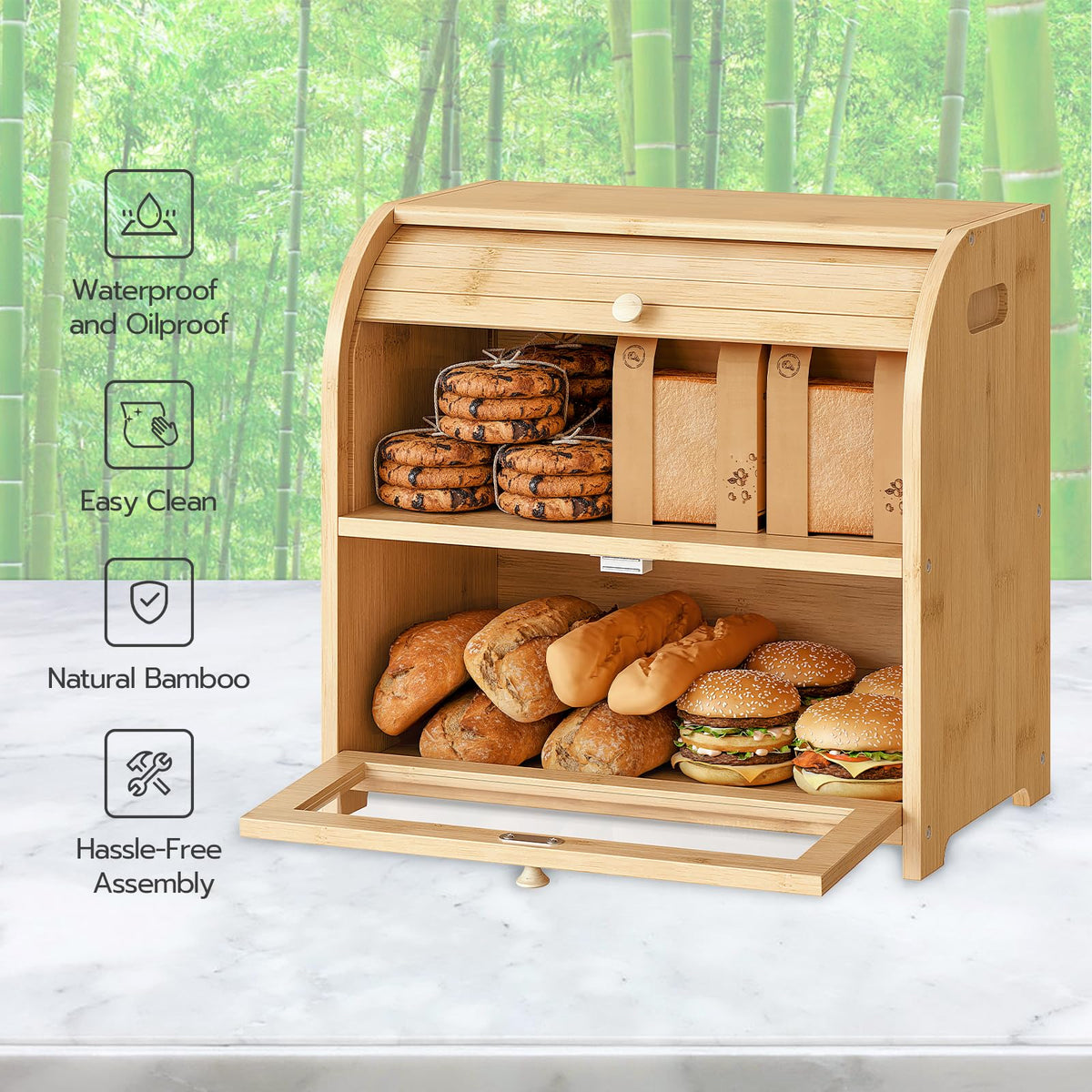 Bamboo 2 Tier Roll-Top Bread Box M3575