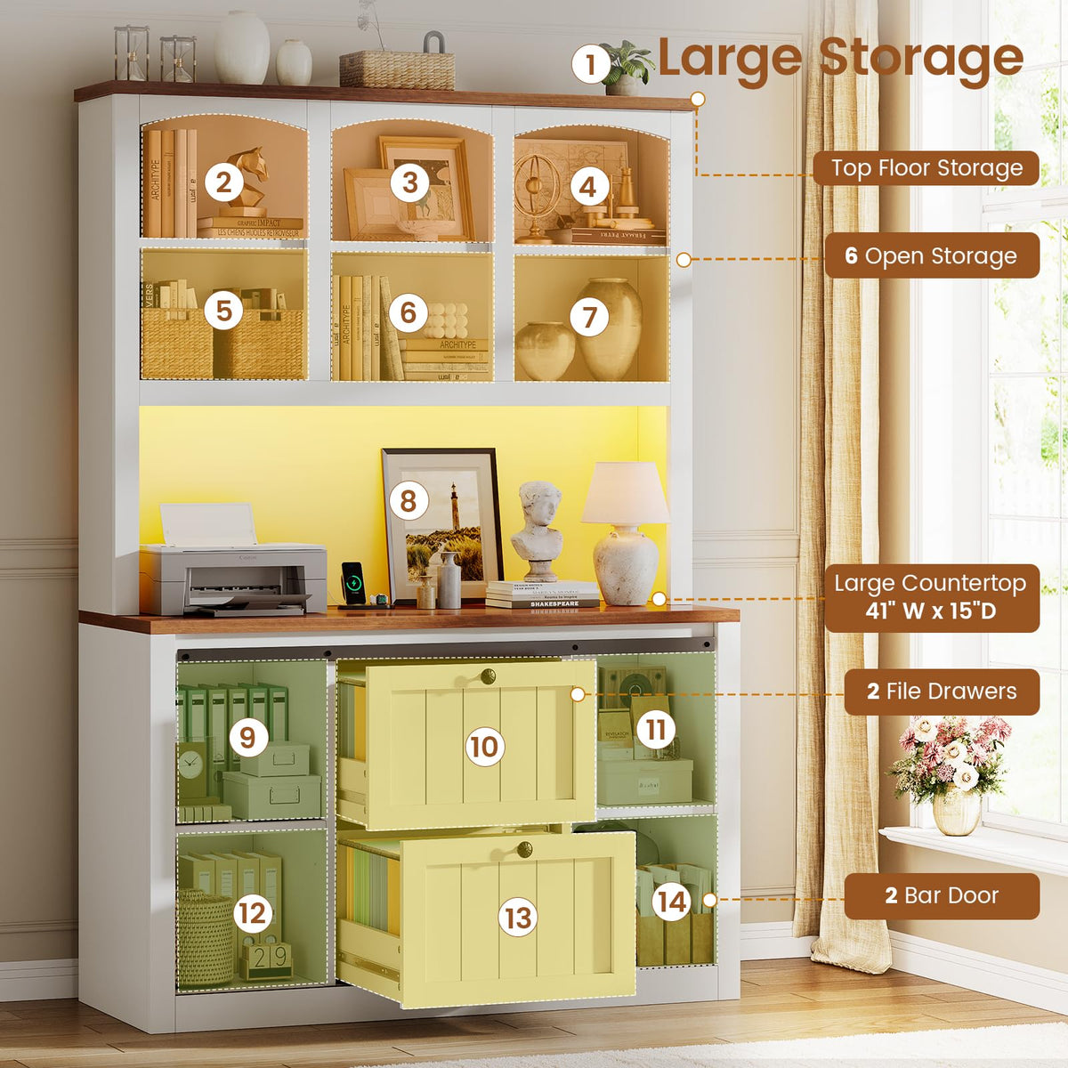 White 2 Drawer File Cabinet with Power Strip and Storage Shelf D842
