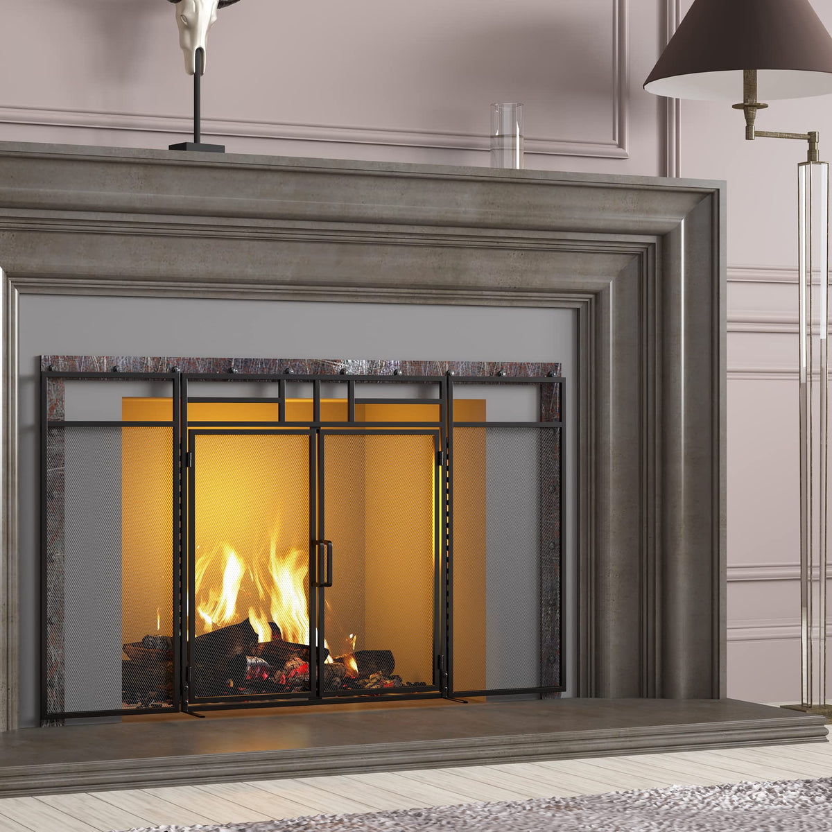 3-Panel Magnetic Fireplace Screen Wrought Iron Spark Guard H21895
