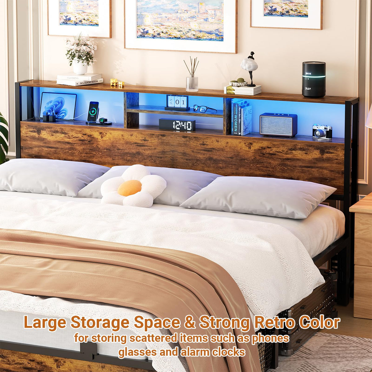 King Size Storage Headboard with Outlets Y3075