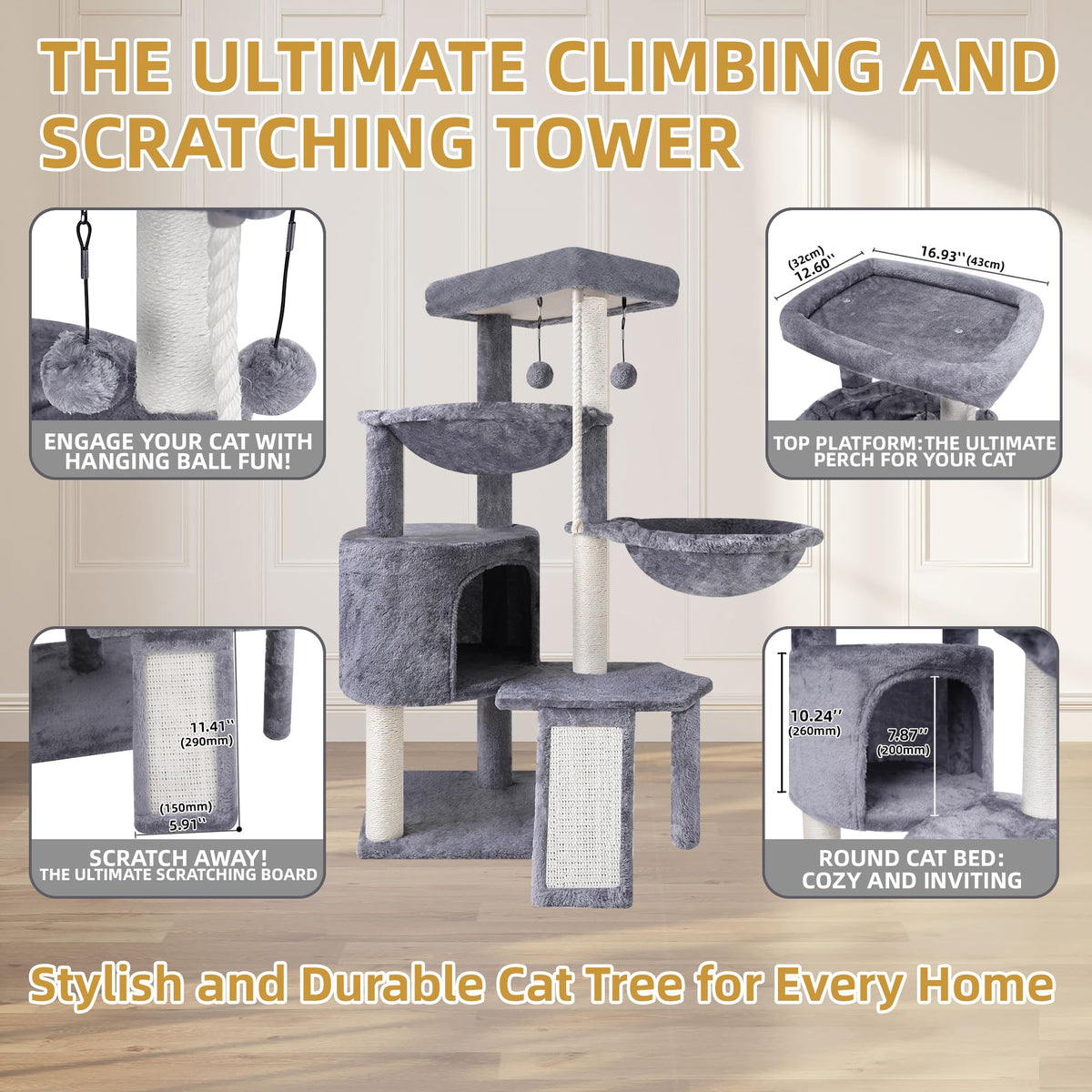 Grey Three Layer Cat Tree with Condo and Hammocks Q67778