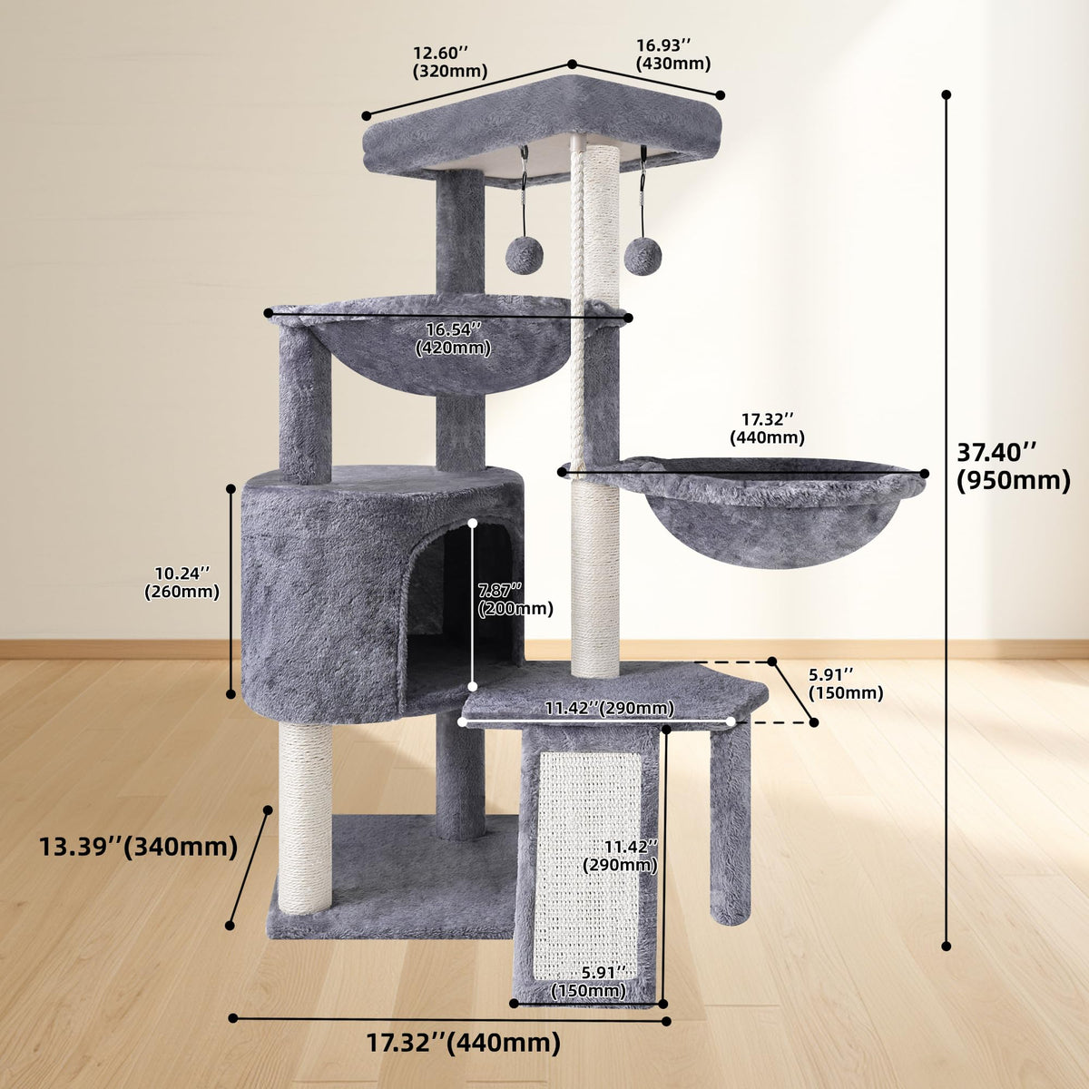 Grey Three Layer Cat Tree with Condo and Hammocks Q67778