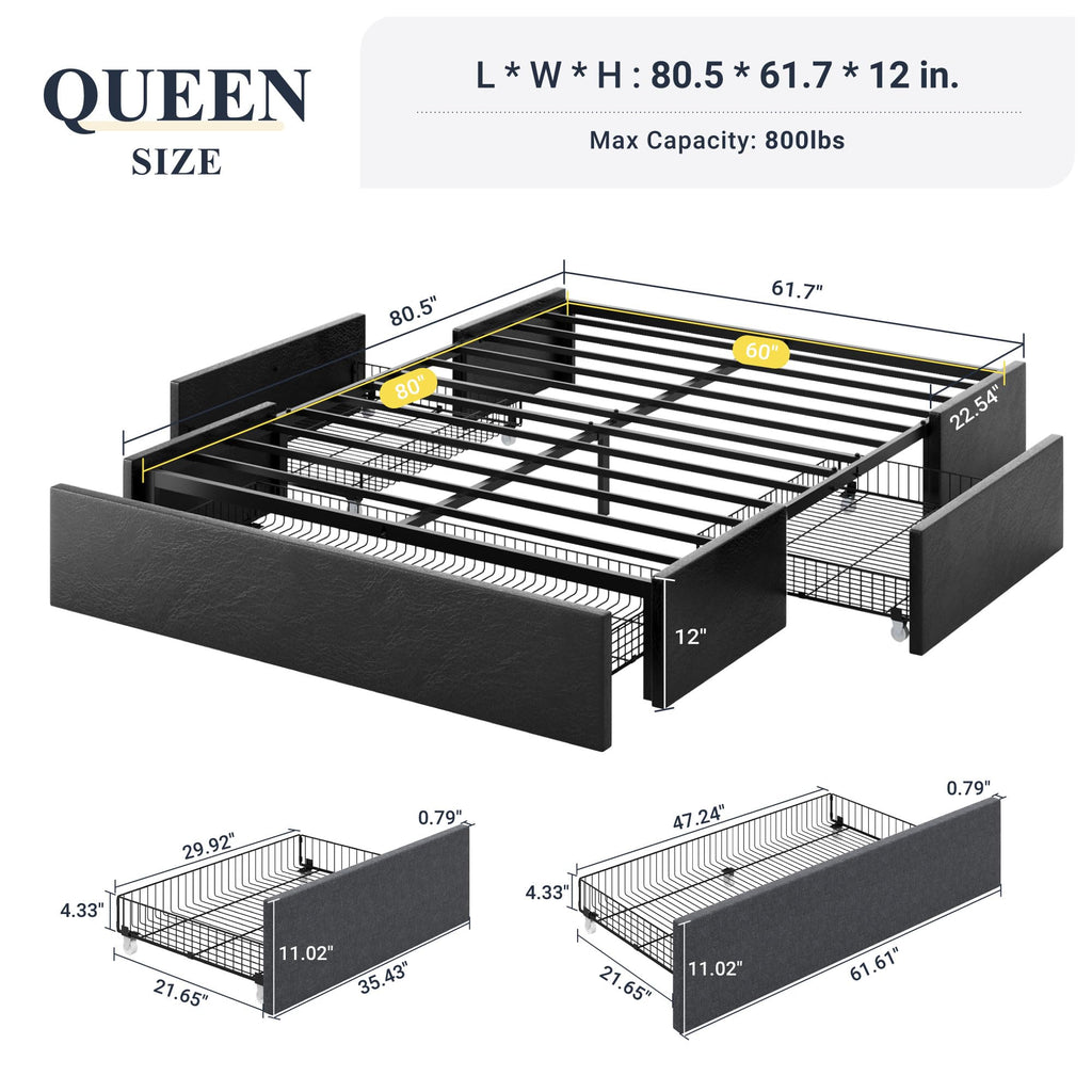 Queen Size Platform Storage Bed Frame with 3 Drawers, Black W670