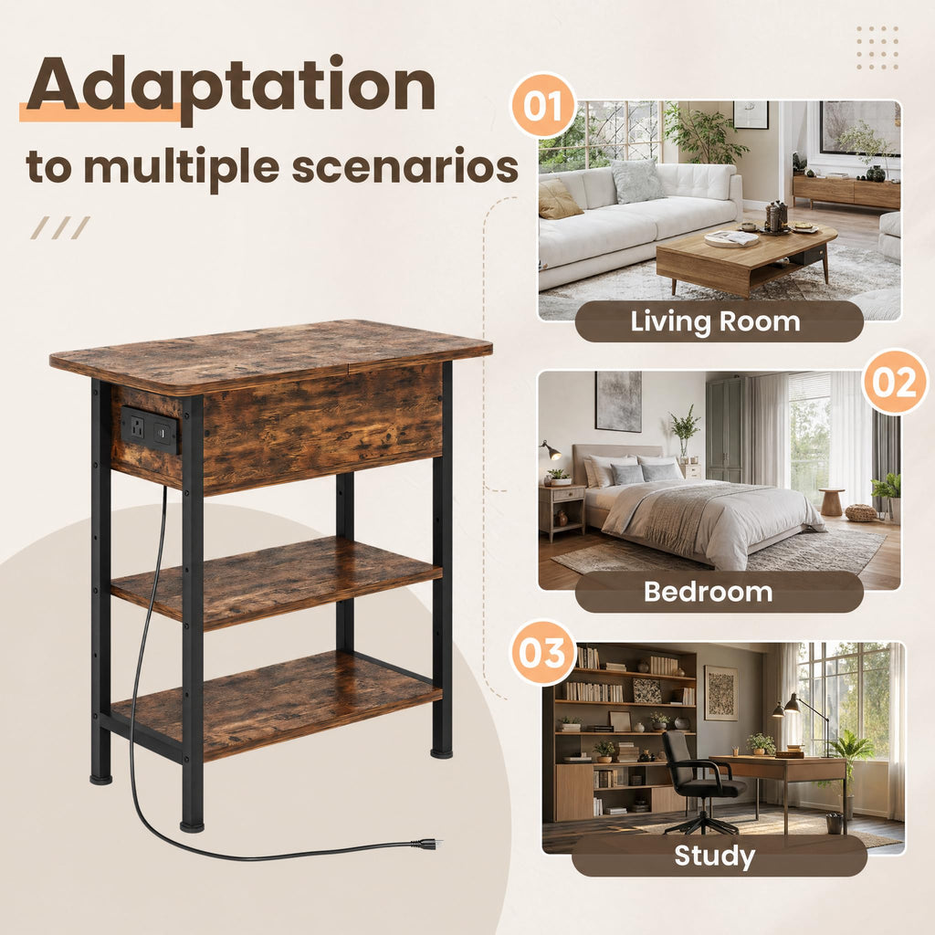Brown Flip Top End Table with Charging Station and 3 Tier Storage G50719