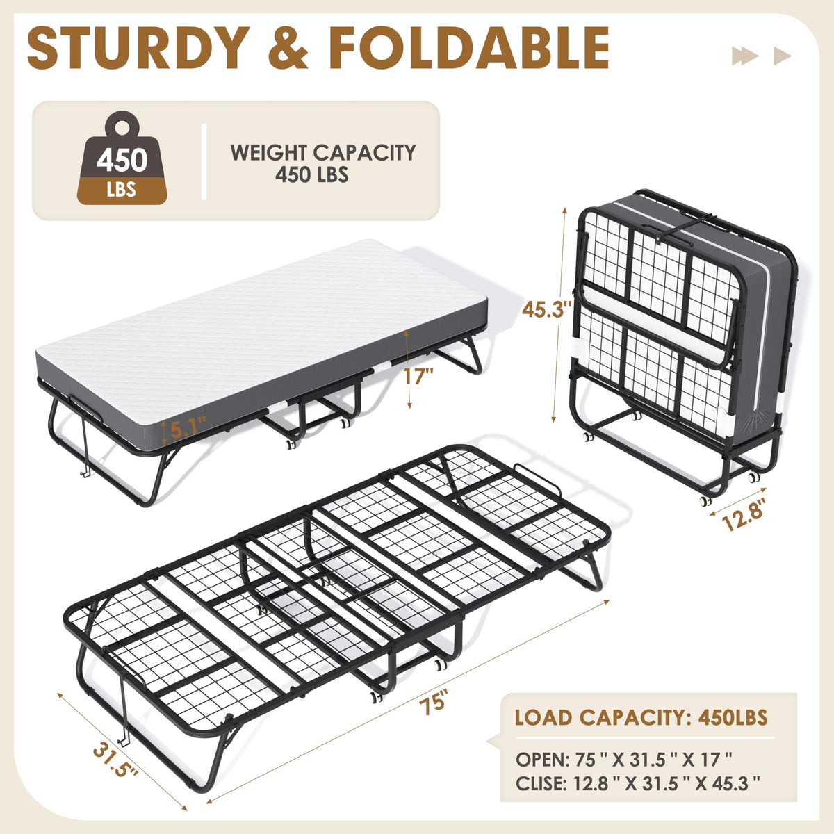 Folding Bed with Mattress, Portable Roll Away Bed, 75" x 31" J83352