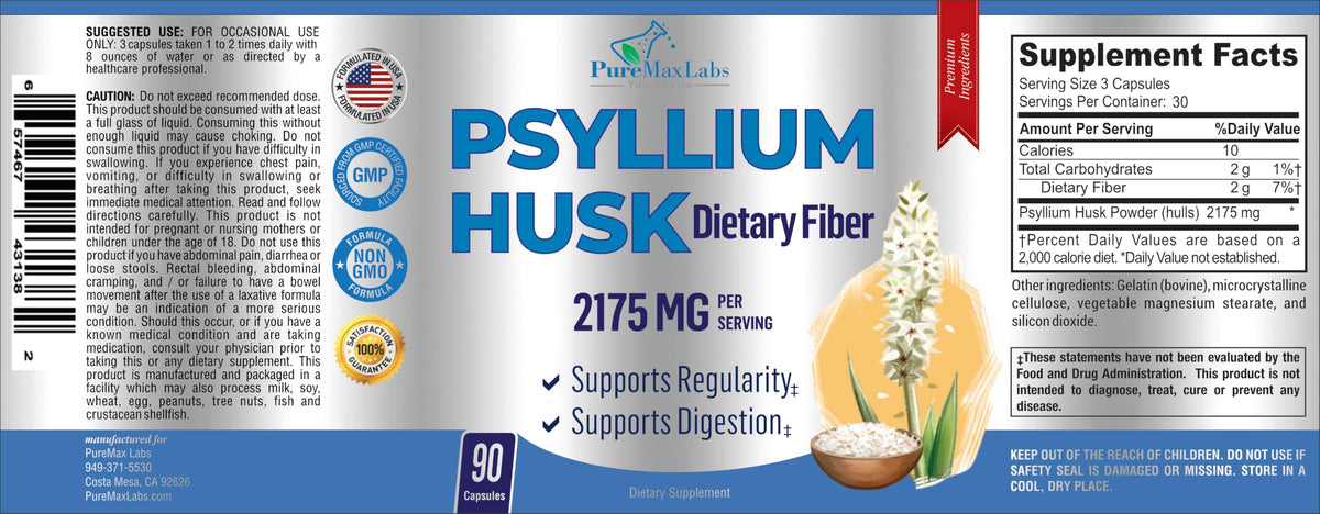 Psyllium Husk Dietary Fiber Supplement 2175mg 90 Capsules Y280