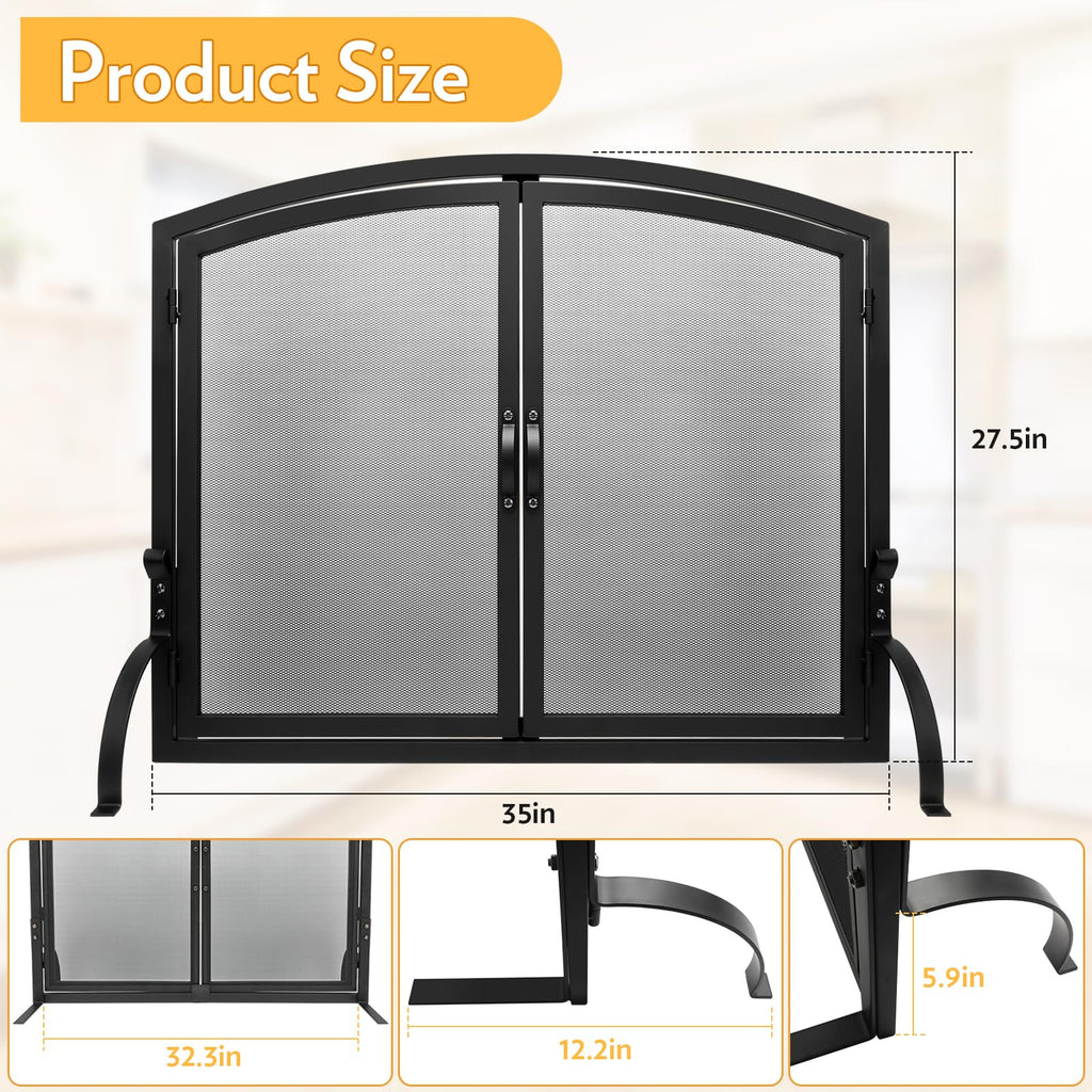 35"x27" Arched Black Fireplace Screen with Magnetic Double Doors K44358