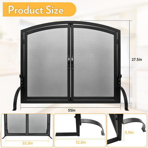 35"x27" Arched Black Fireplace Screen with Magnetic Double Doors K44358