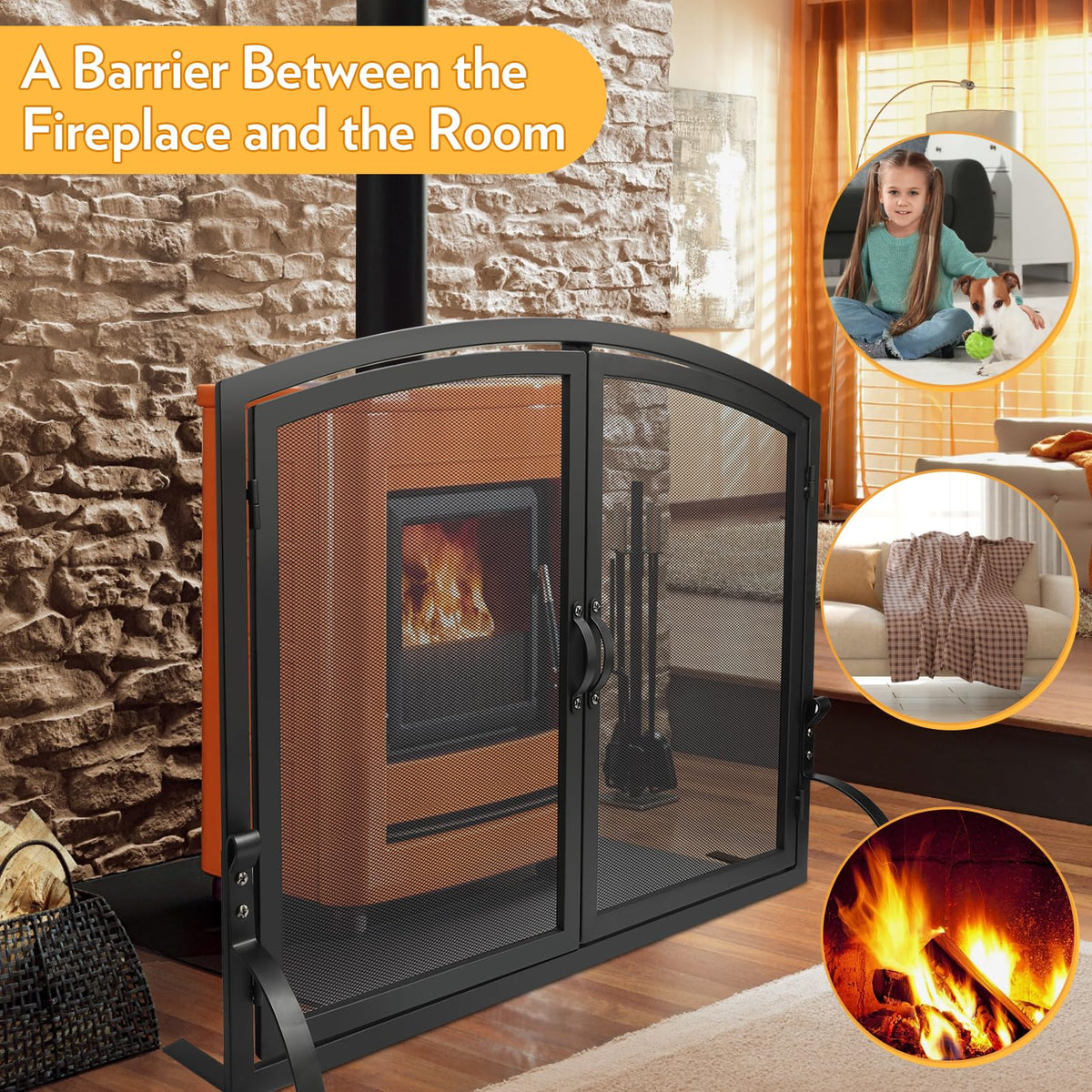 35"x27" Arched Black Fireplace Screen with Magnetic Double Doors K44358