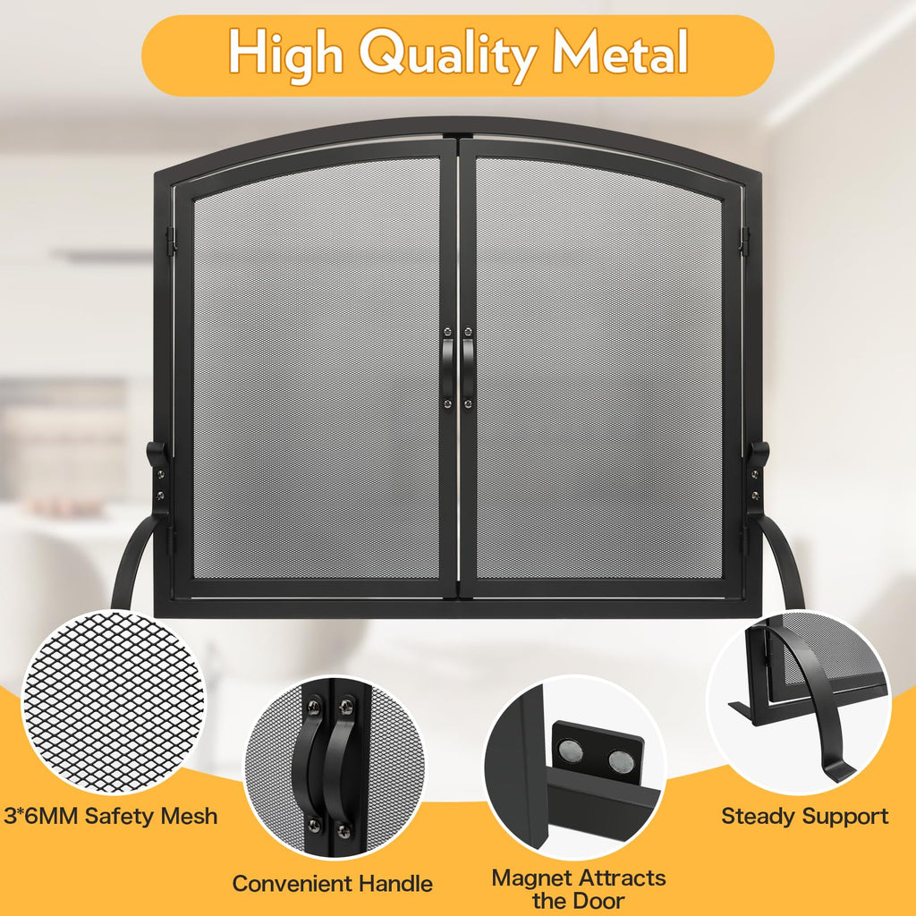 35"x27" Arched Black Fireplace Screen with Magnetic Double Doors K44358