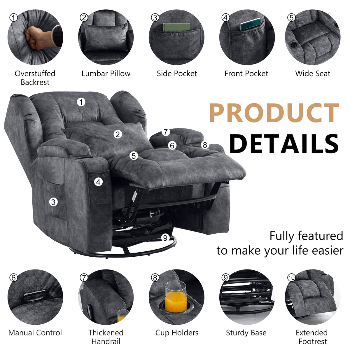 Manual Swivel Rocker Recliner Chair Velvet Grey V603