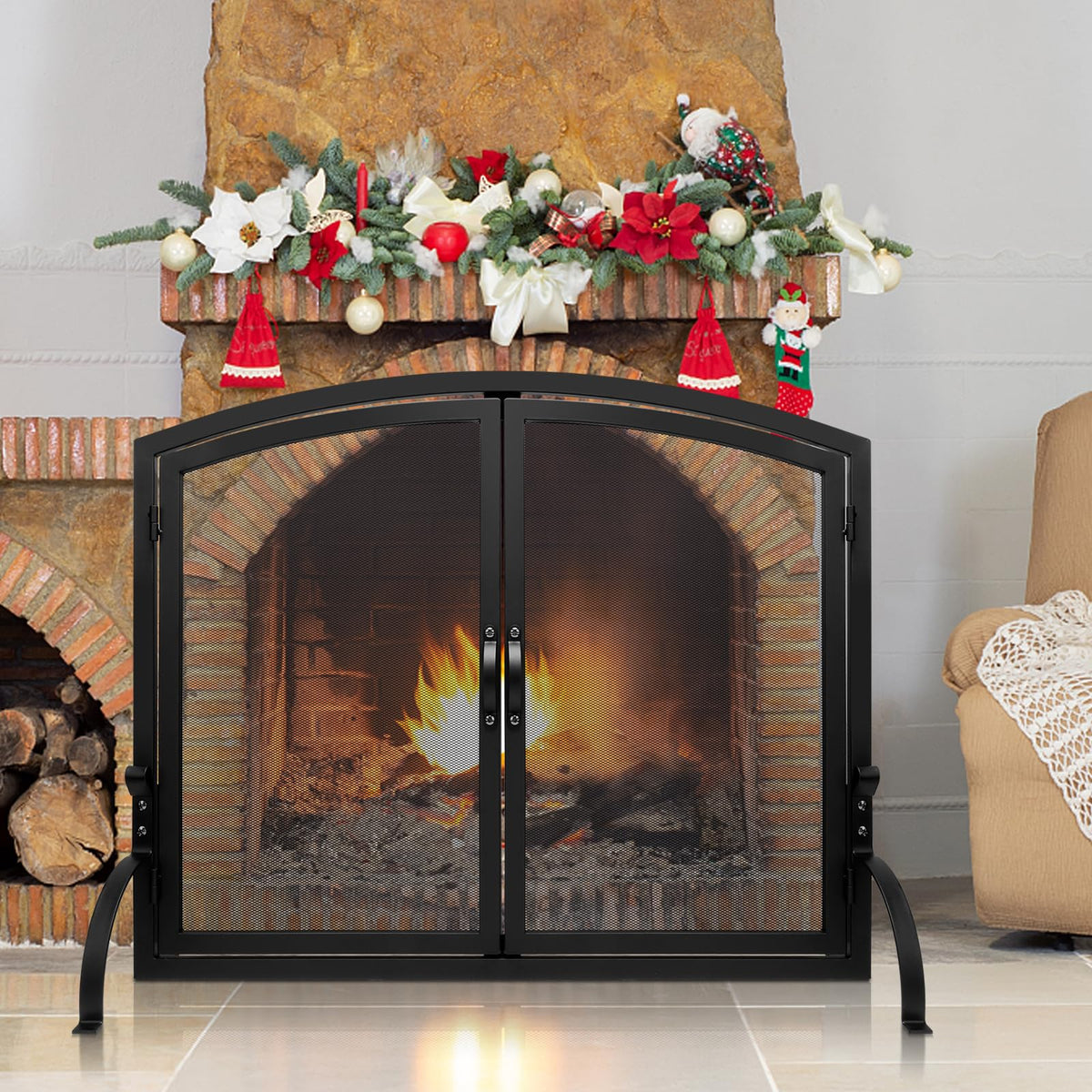 35"x27" Arched Black Fireplace Screen with Magnetic Double Doors K44358