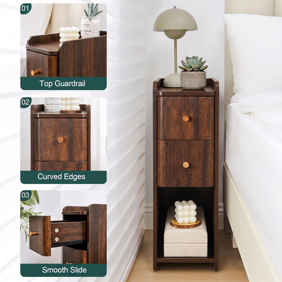 Wooden 2 Drawer Narrow Nightstand C239