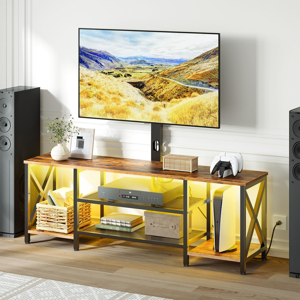 Rustic Brown 3-Tier TV Stand with Swivel Mount and Power Outlet I3707
