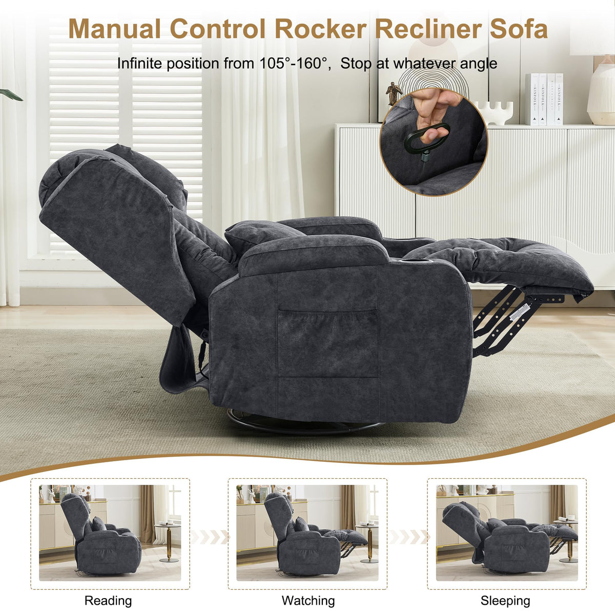 Manual Swivel Rocker Recliner Chair Velvet Grey V603