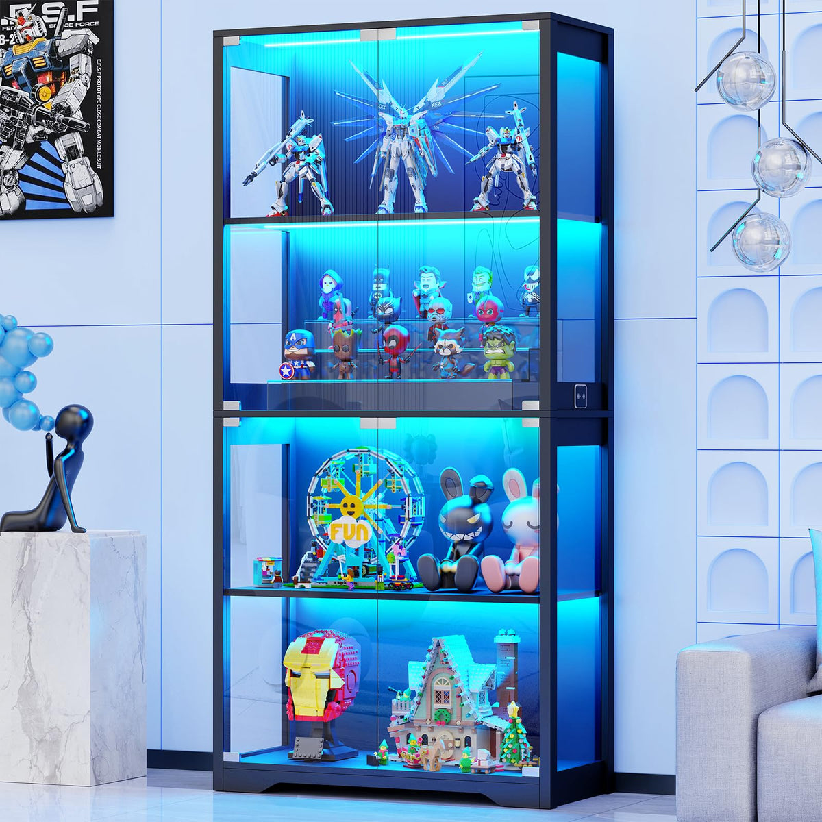 Black 4-Tier Display Cabinet with Glass Doors Z4247
