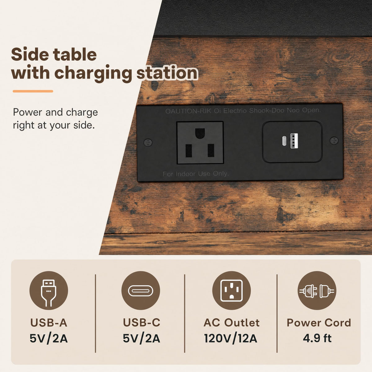 Brown Flip Top End Table with Charging Station and 3 Tier Storage G50719