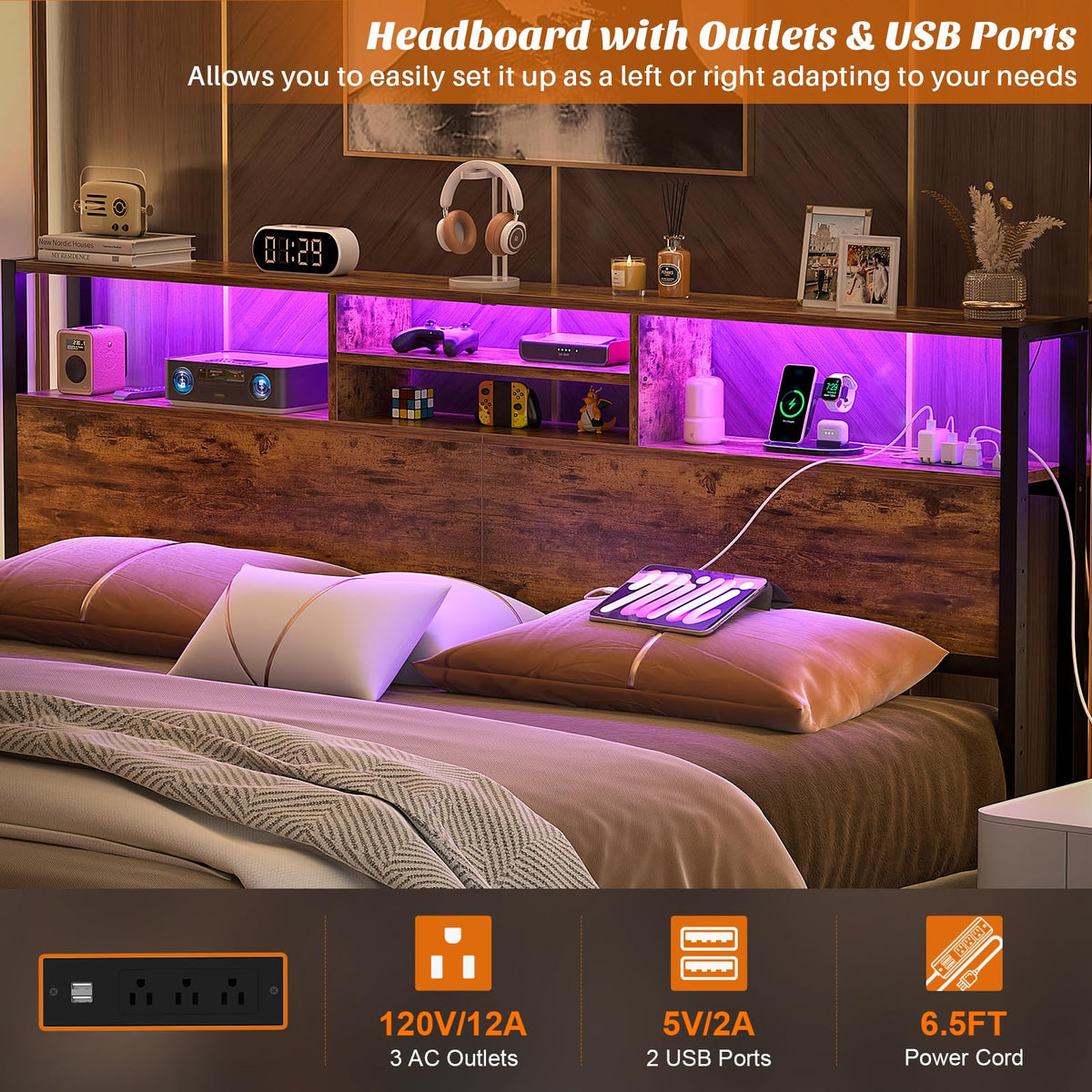 King Size Storage Headboard with Outlets Y3075