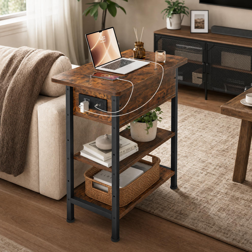 Brown Flip Top End Table with Charging Station and 3 Tier Storage G50719