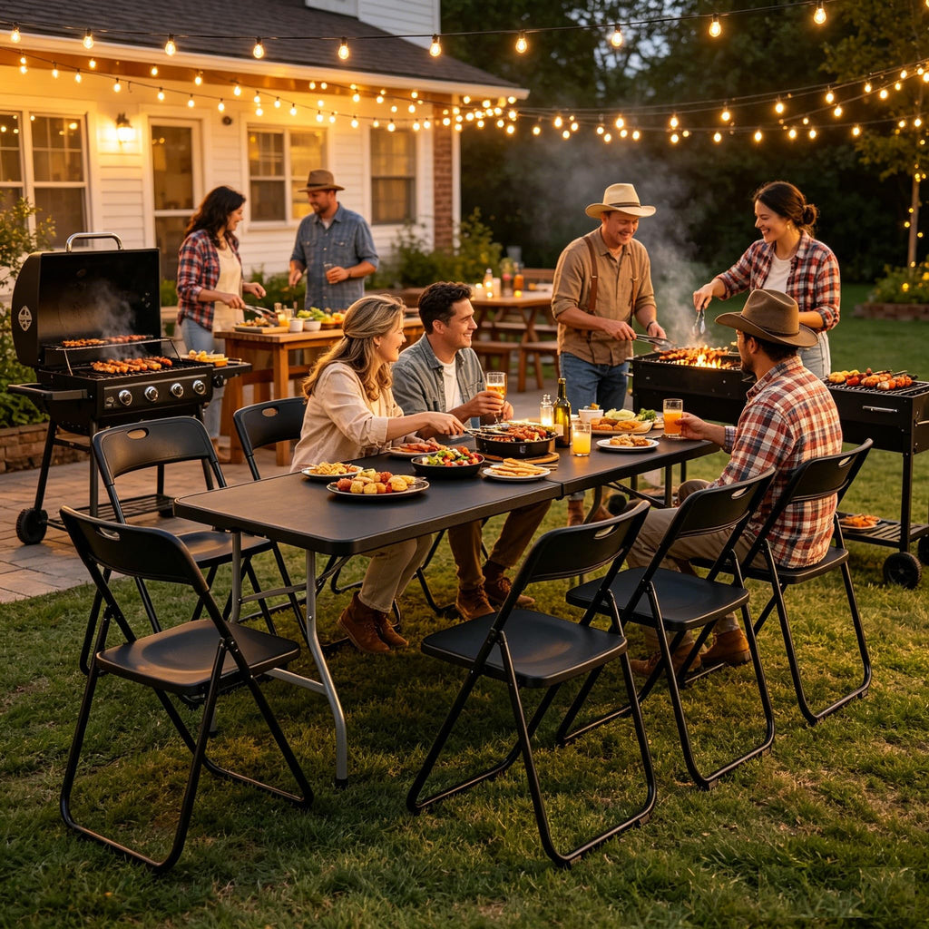 Black 8 Feet Foldable Picnic Table with 10 Folding Chairs I562