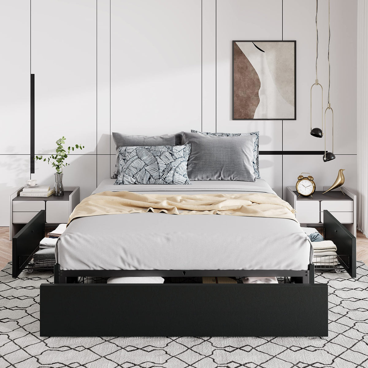 Queen Size Platform Storage Bed Frame with 3 Drawers, Black W670