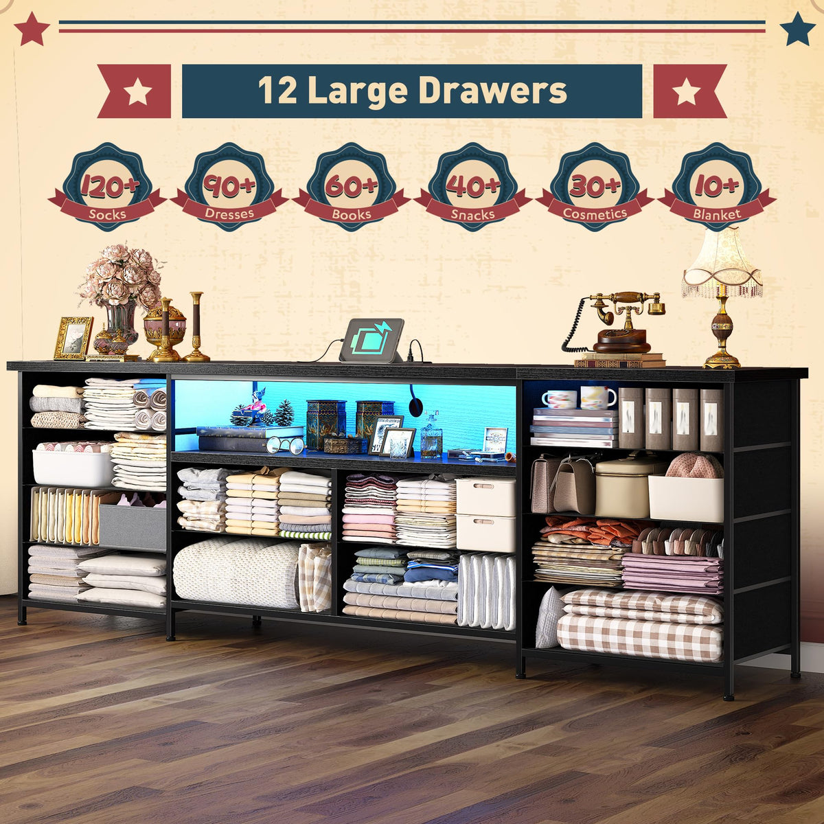 63" Dresser with 12 Fabric Drawers R24587