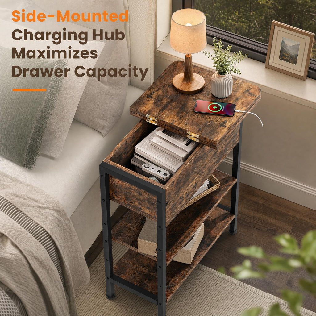 Brown Flip Top End Table with Charging Station and 3 Tier Storage G50719